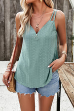 V Neck Eyelet Trim Spaghetti Strap Sleeveless Top