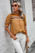 Geometric Print Elegant Textured Puff Sleeve Shirt