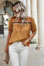 Geometric Print Elegant Textured Puff Sleeve Shirt