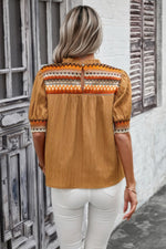 Geometric Print Elegant Textured Puff Sleeve Shirt