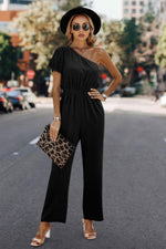 Plain One Shoulder High Waist Fit Jumpsuit
