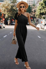 Plain One Shoulder High Waist Fit Jumpsuit